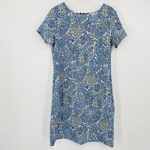 Talbots Size Medium Blue & Yellow Paisley Print Bow Back Knit Sheath Dress